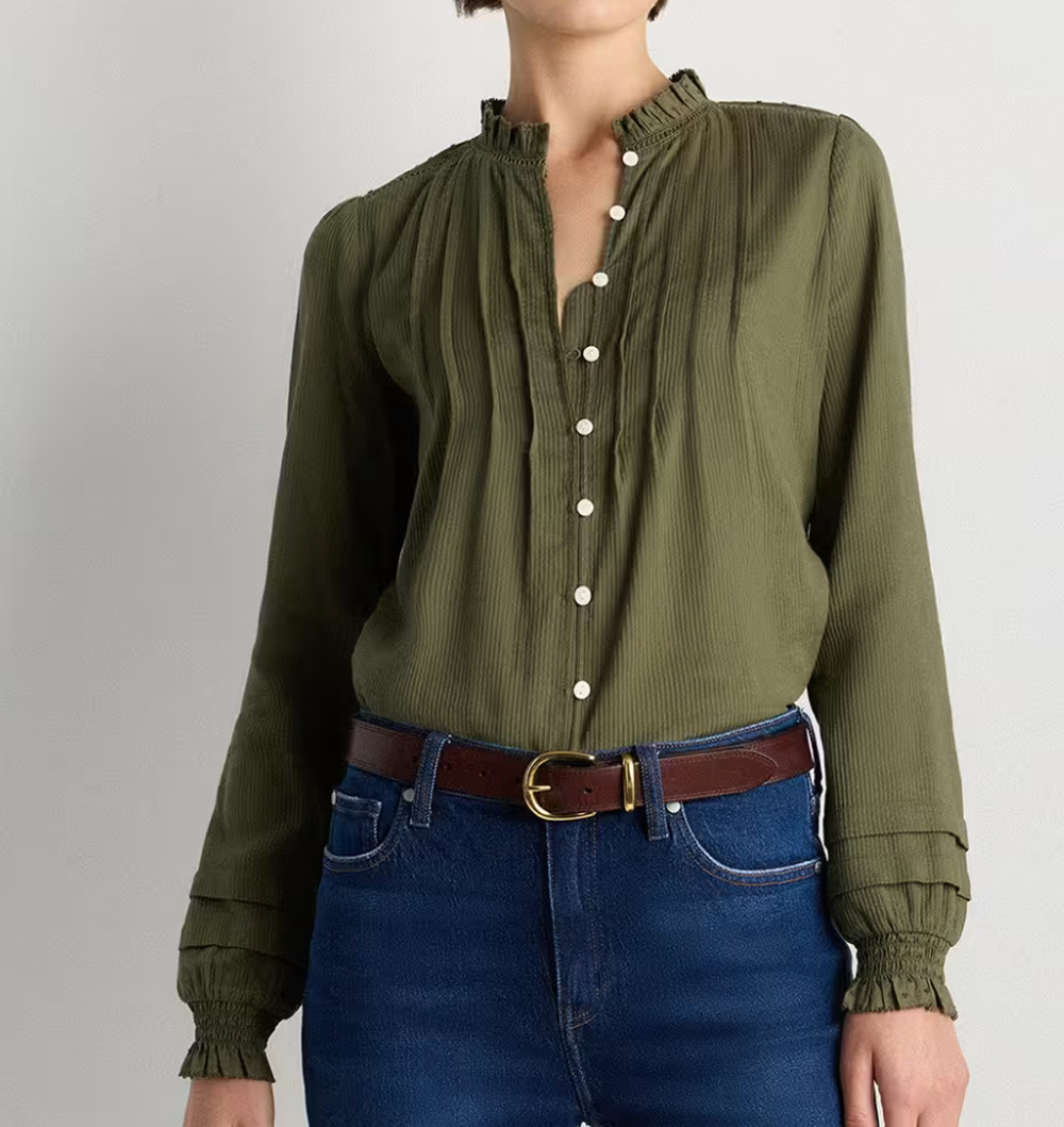 Quince Caper Green Organic Cotton Textured Peasant Blouse Shirt Boho M EUC